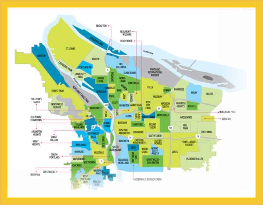 Portland Neighborhoods Map Framed